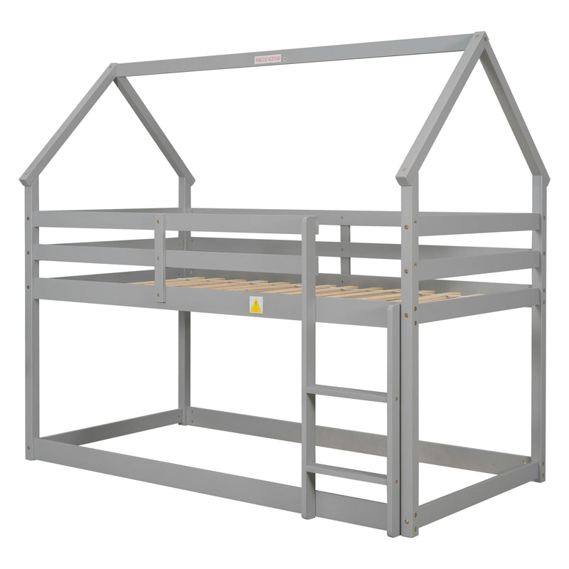 Twin Over Twin Loft Bed With Roof Design, Safety Guardrail, Ladder