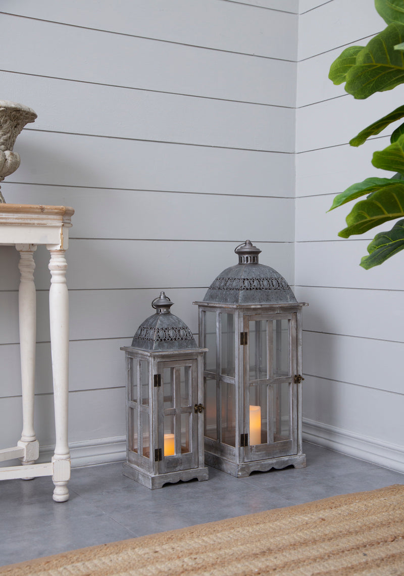 Wooden Candle Lantern Decorative, Hurricane Lantern Holder Decor For Indoor Outdoor, Home Garden Wedding (Set of 2) - Gray