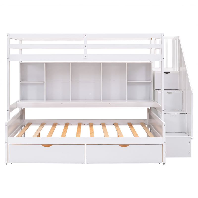 Twin XL over Full Bunk Bed with Built-in Storage Shelves, Drawers and Staircase,White