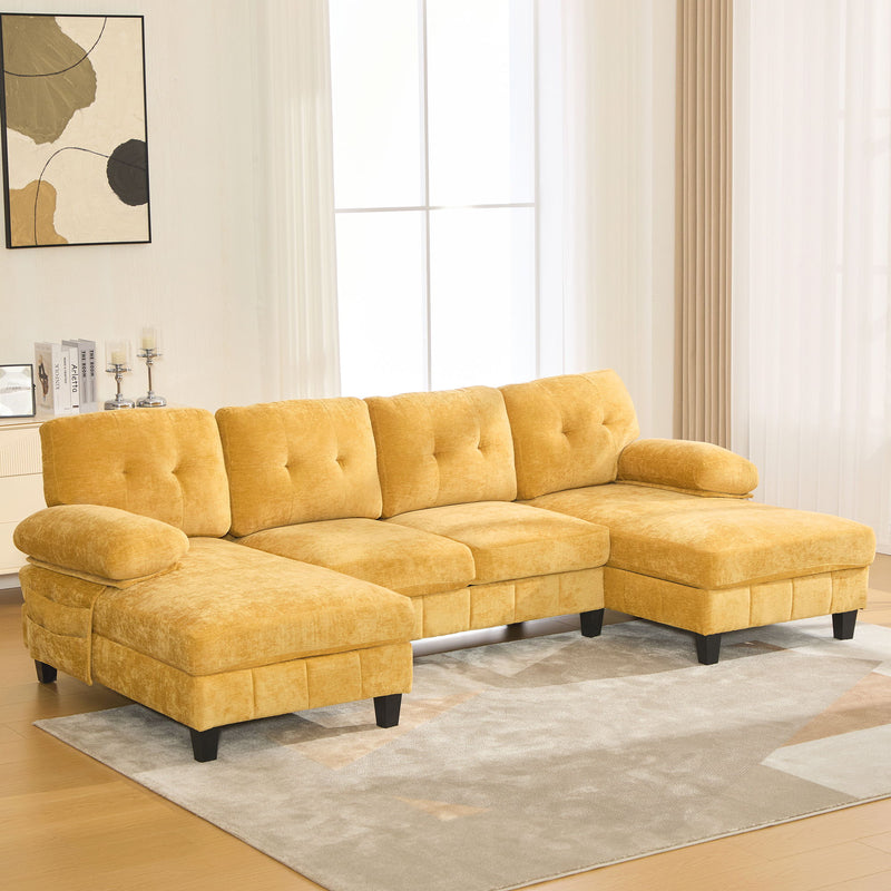 U-Shaped Sectional Sofa 103.5" Black Chenille Fabric Couch With Dual Chaise Lounges, Storage Pockets, Armrest Pillows