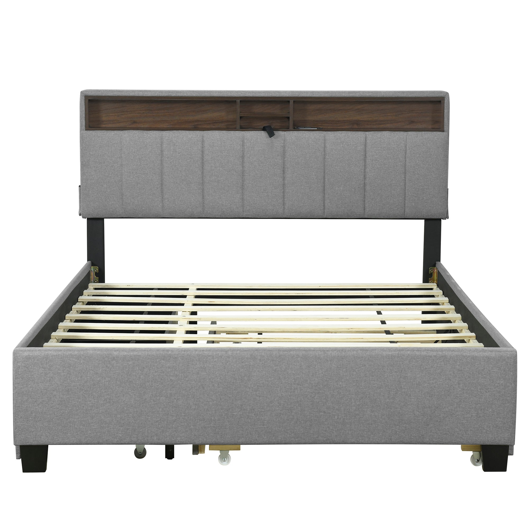 Queen size Upholstered Platform Bed with Storage Headboard, Twin XL Size Trundle & 2 drawers and a set of Sockets & USB Ports, Linen Fabric, Gray - Atlantic Fine Furniture Melbourne FL