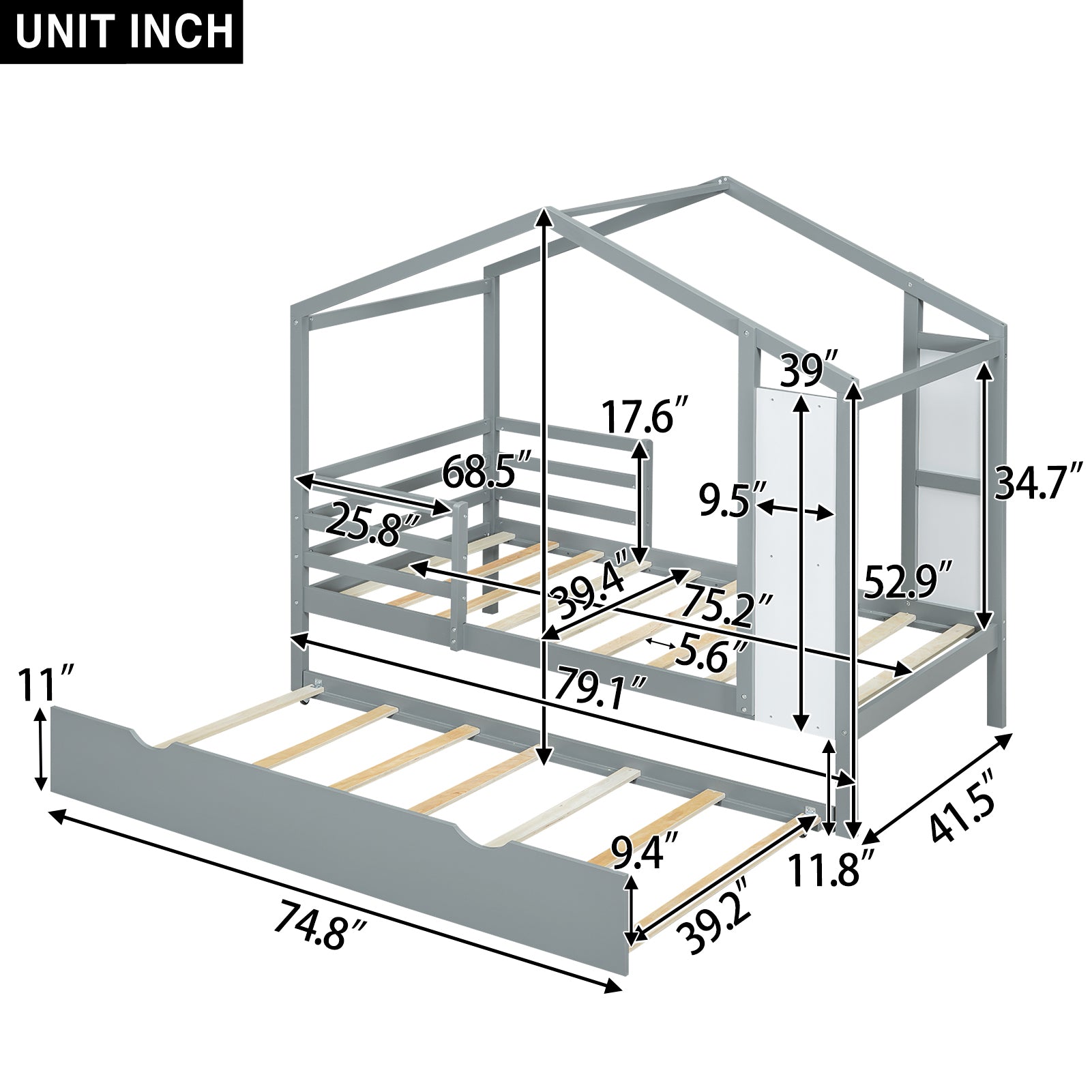Twin Size Wood House Bed with Fence and Writing Board, Gray - Atlantic Fine Furniture Melbourne FL