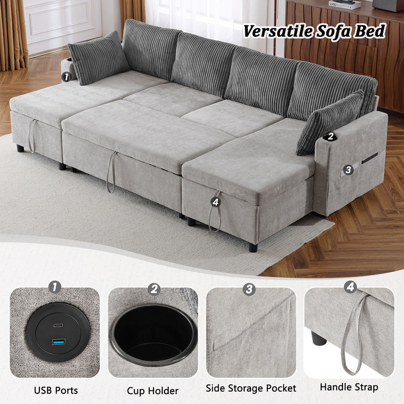 Sectional Sofa Pull Out Sofa Bed Versatile Sofa Sleeper With Large Storage Space, Two USB Ports And Two Cup Holders For Living Room