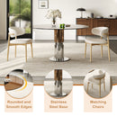 Round Glass Dining Table With Stainless Steel Legs And Chairs