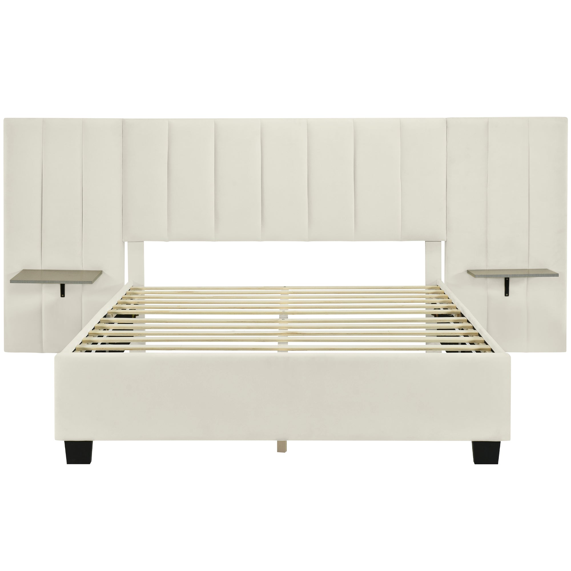 Queen Size Upholstered Platform Bed with Big Headboard, Bedroom Furniture, Velvet, Beige - Atlantic Fine Furniture Melbourne FL