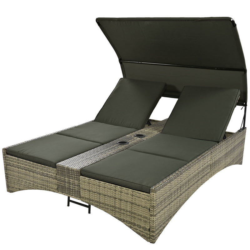 Patio Daybed Outdoor Daybed Sun Lounger With Shelter Roof With Adjustable Backrest, Storage Box And 2 Cup Holders For Patio, Balcony, Poolside