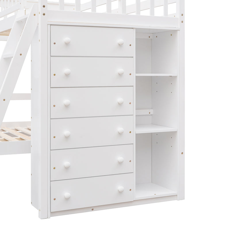 Wooden Twin Over Full Bunk Bed With Six Drawers And Flexible Shelves,Bottom Bed With Wheels,White(OLD SKU:LP000531AAK)