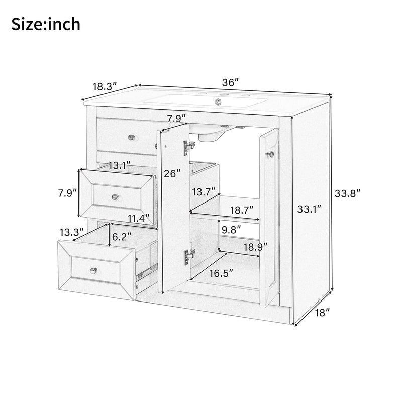 Bathroom Vanity With Ceramic Sink, Bathroom Storage Cabinet With 2 Drawers & Shelf, Freestanding Bathroom Cabinet - Blue