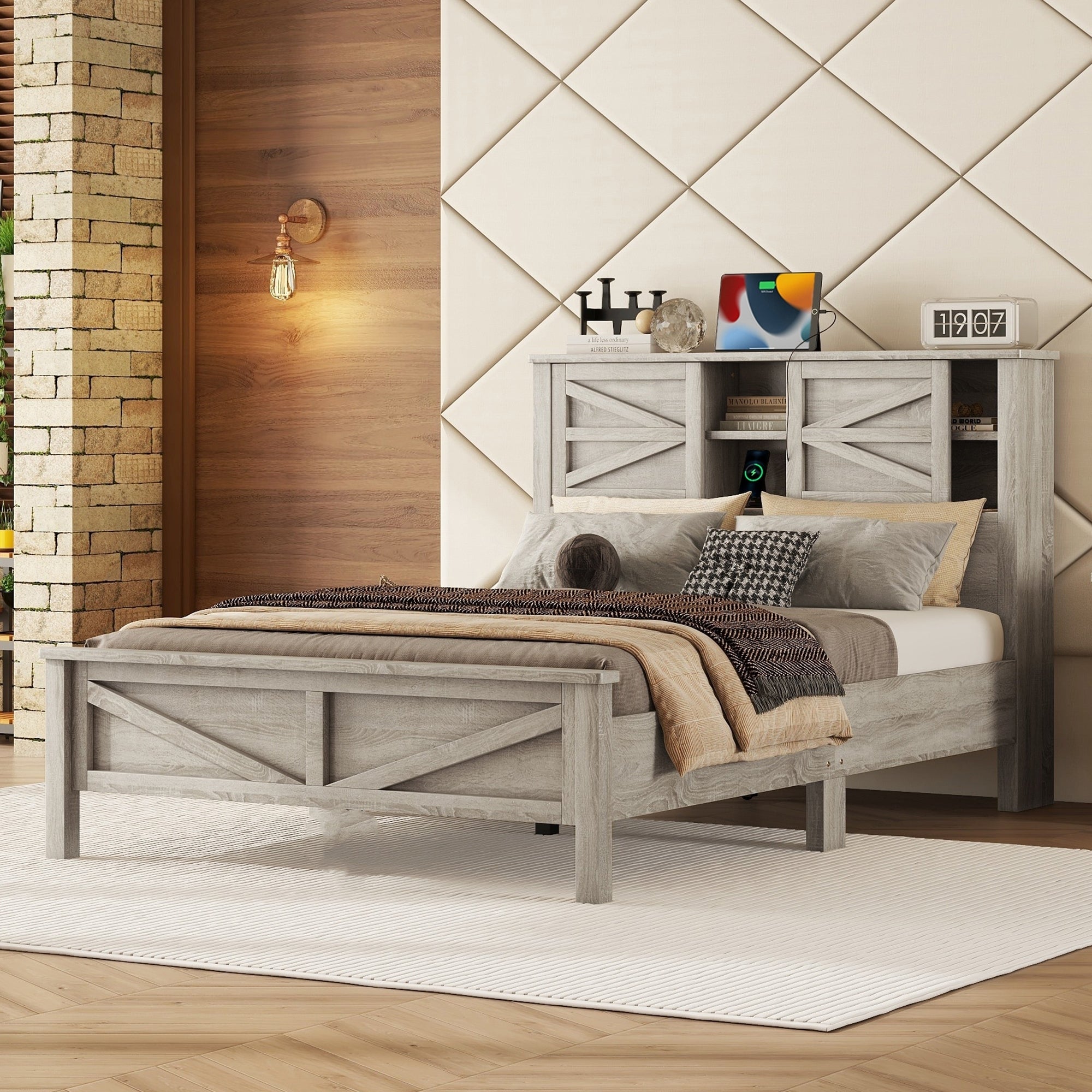 Farmhouse Platform Bed with Double Sliding Barn Door, Full Size Rustic Wood Bed with
Charging Station, Wood Slats Support, Antique Gray - Atlantic Fine Furniture Melbourne FL