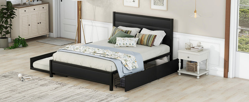 Metal Queen Size Storage Platform Bed with Twin Size Trundle and 2 Drawers Black Atlantic Fine Furniture Inc