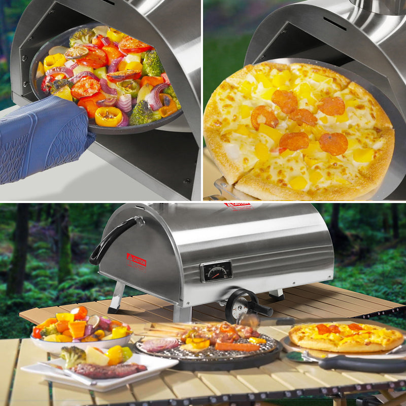 Silver Pizza Oven Outdoor 12" Semi-Automatic Rotatable Pizza Ovens Portable Stainless Steel Wood Fired Pizza Oven Pizza Maker With Built-In Thermometer Pizza Cutter Carry Bag - Silver