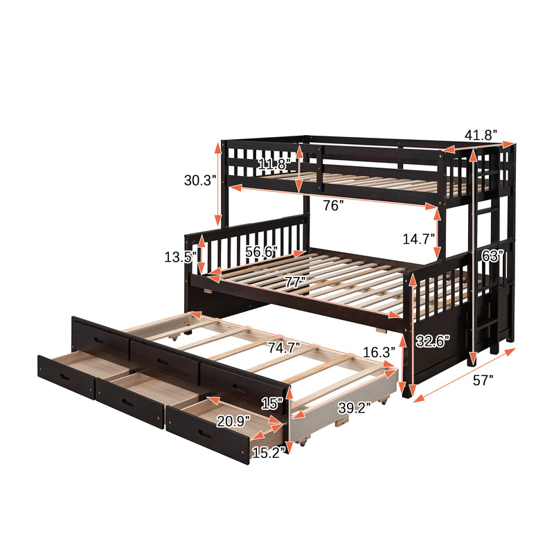 Twin-Over-Full Bunk Bed with Twin size Trundle , Separable Bunk Bed with Drawers for Bedroom - Espresso