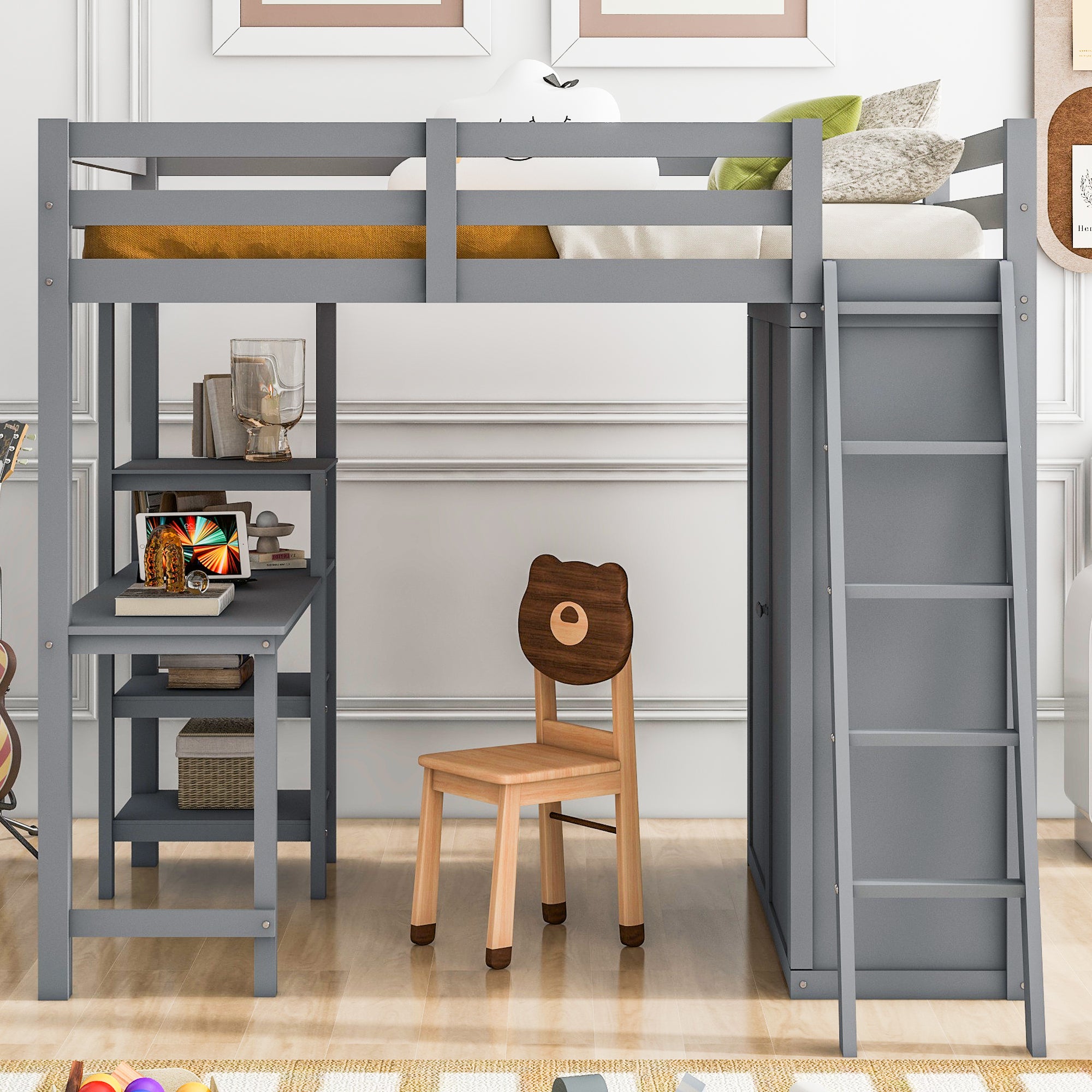 Full Size Loft Bed with Wardrobe and Desk and Shelves, Gray - Atlantic Fine Furniture Melbourne FL
