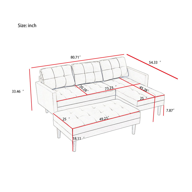 Fabric Right Facing Sectional Sofa Bed, L-Shape Sofa Chaise Lounge With Ottoman Bench