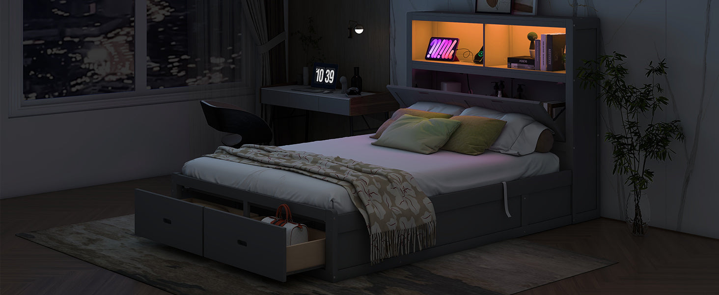 Wood Queen Size Hydraulic Platform Bed with Storage LED Headboard, Charging Station and 2 Drawers, Gray - Atlantic Fine Furniture Melbourne FL