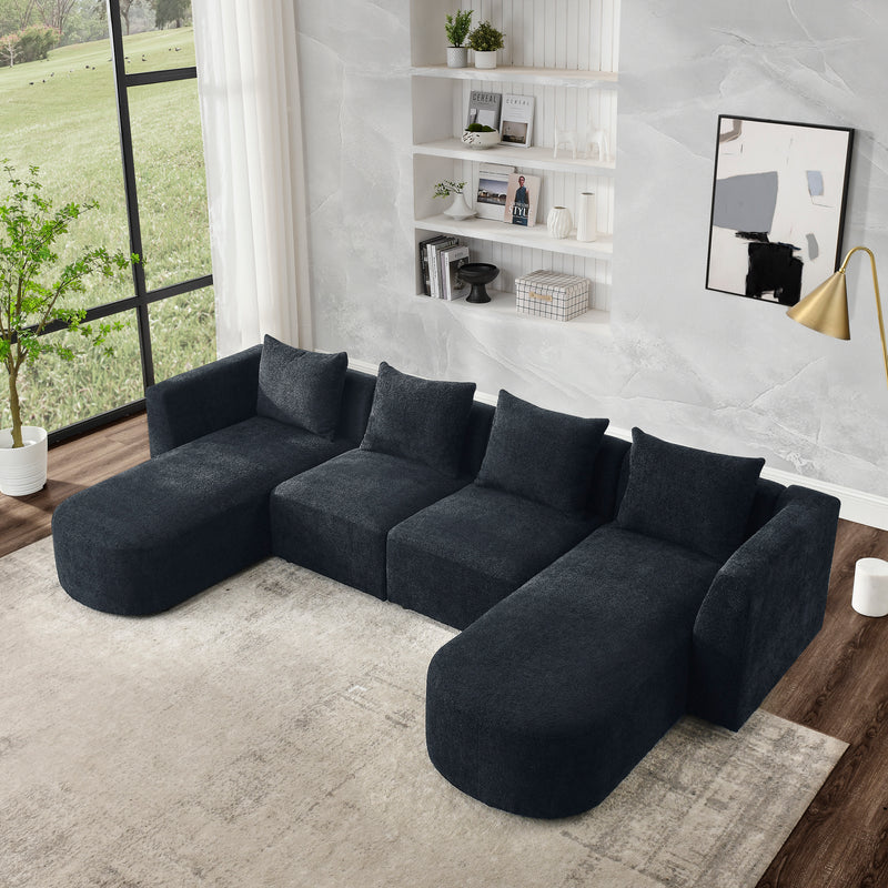 U Shape Sectional Sofa including Two Single Seats and Two Chaises, Modular Sofa, DIY Combination, Loop Yarn Fabric, Black