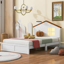 Twin Size Wood Platform Bed with House-shaped Headboard and Built-in LED, Walnut+White