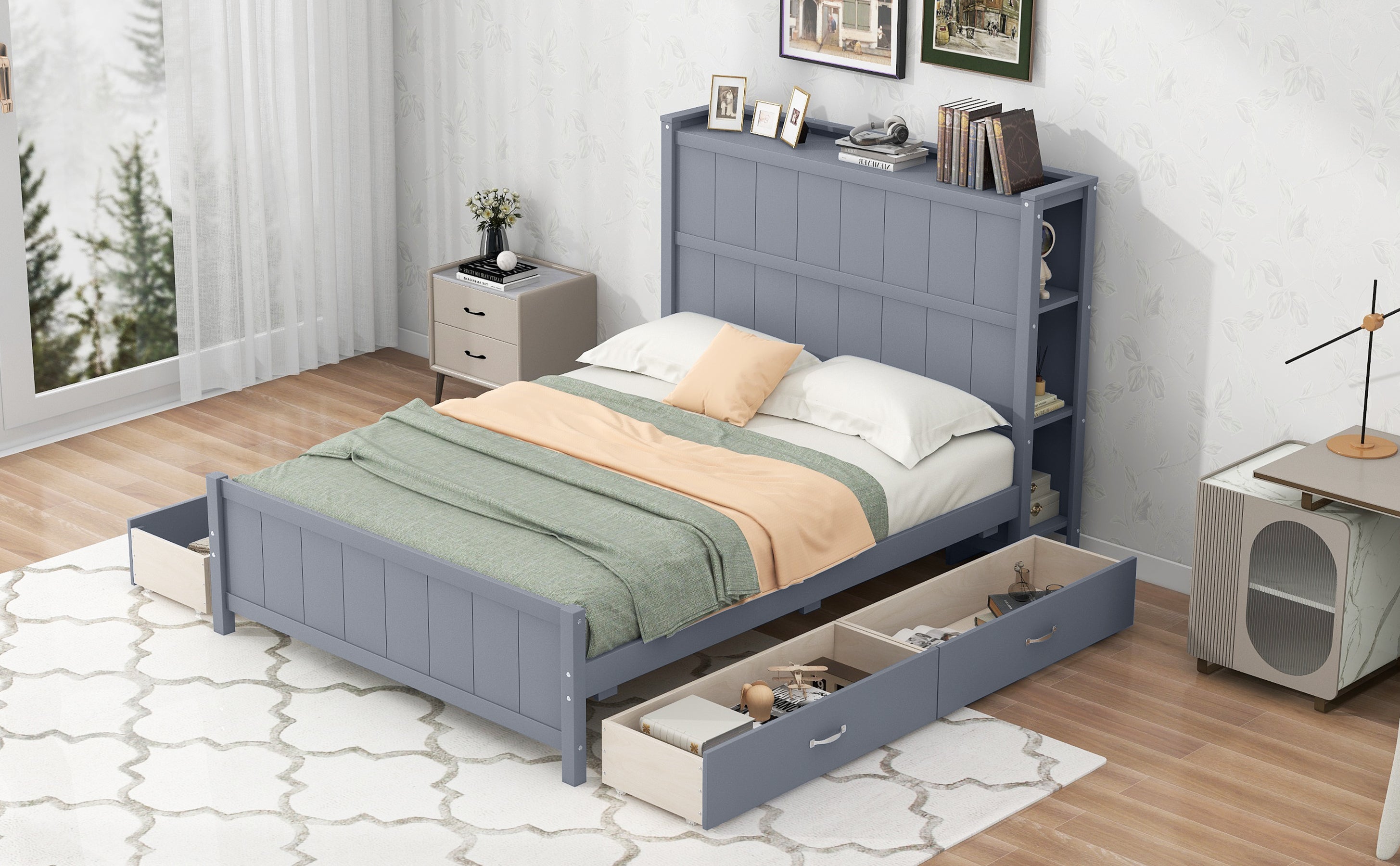 Full Size Platform Bed with Drawers and Storage Shelves, Gray - Atlantic Fine Furniture Melbourne FL