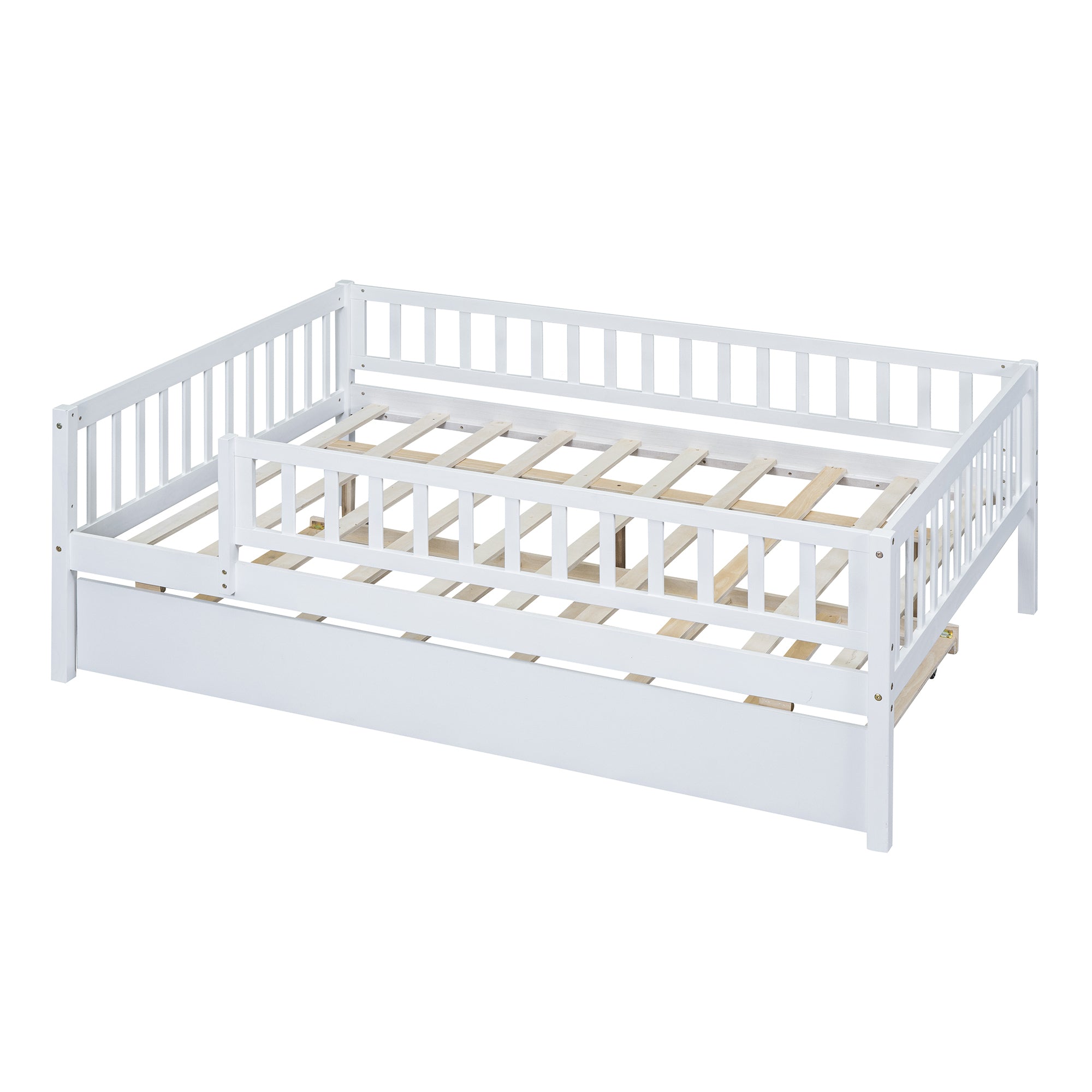 Full Size Wood Daybed with Trundle and Fence Guardrails, White - Atlantic Fine Furniture Melbourne FL