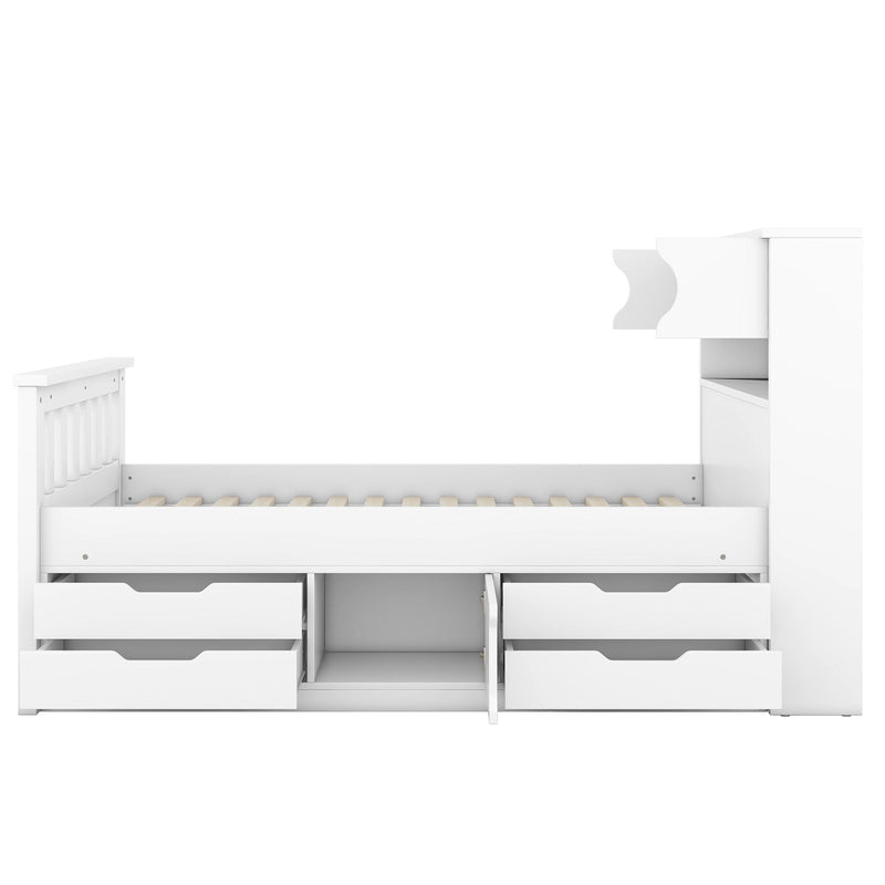 Captain Platform Bed Frame With Storage Bookcases, Shelves, And 4 Drawers
