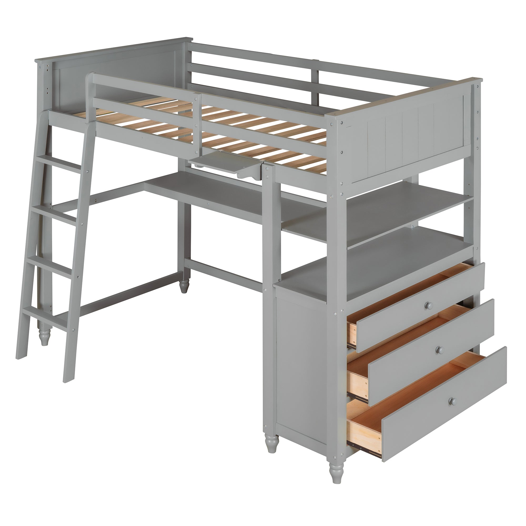 Twin size Loft Bed with Drawers and Desk, Wooden Loft Bed with Shelves - Gray(OLD SKU: LT001530AAE) - Atlantic Fine Furniture Melbourne FL