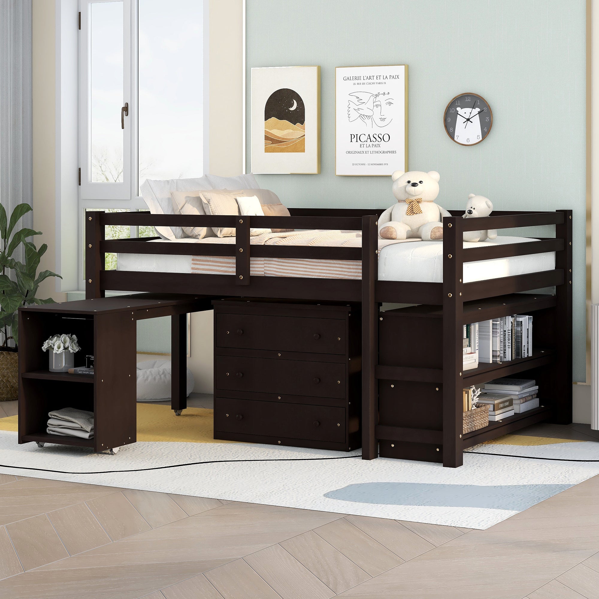 Low Study Full Loft Bed with Cabinet ,Shelves and Rolling Portable Desk ,Multiple Functions Bed- Espresso - Atlantic Fine Furniture Melbourne FL