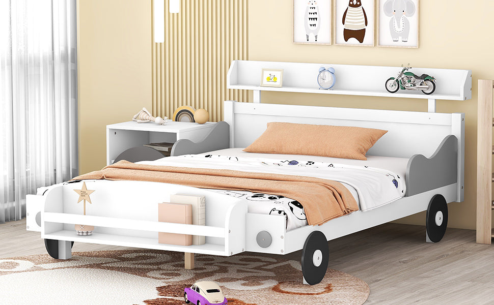 Full Size Car-Shaped Platform Bed,Full Bed with Storage Shelf for Bedroom,White - Atlantic Fine Furniture Melbourne FL