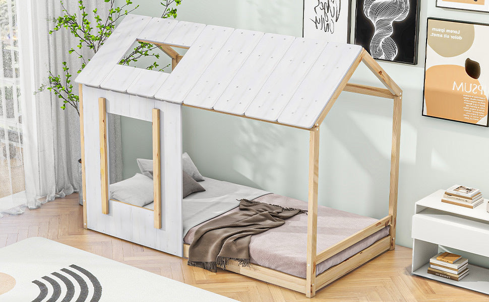 Twin Size House Platform with Roof and Window , White+Natural - Atlantic Fine Furniture Melbourne FL