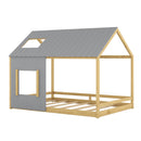 Full Size House Bed with Roof and Window - Gray+Natural