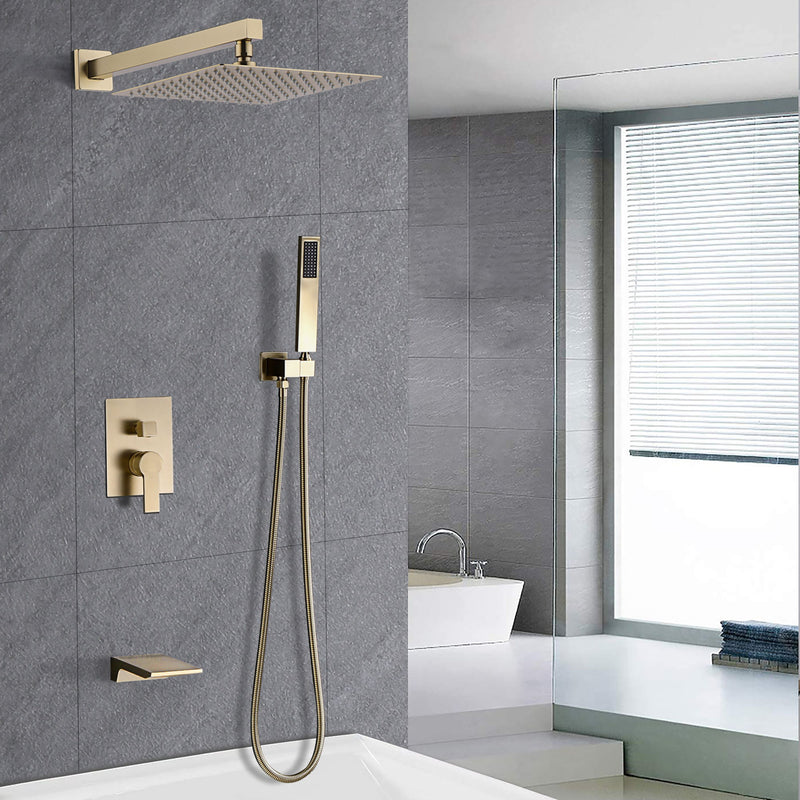 Luxury Bathroom Shower System With 12" Rain Shower Head Handheld Mixer - Brushed Gold
