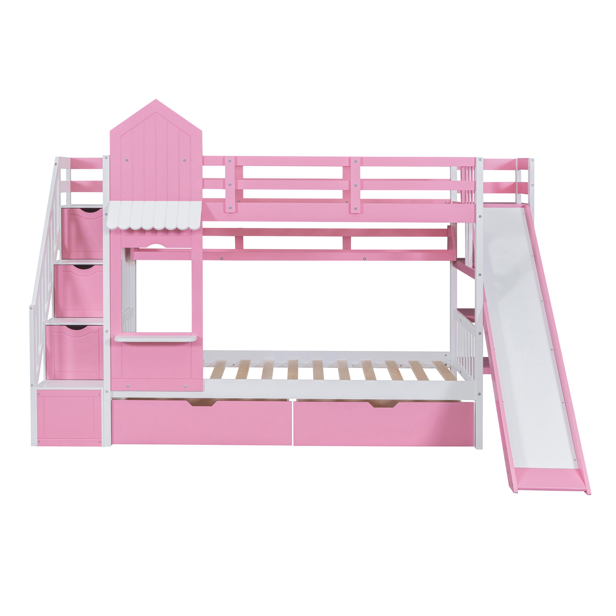 Twin-Over-Twin Castle Style Bunk Bed with 2 Drawers 3 Shelves and Slide - Pink - Atlantic Fine Furniture Melbourne FL