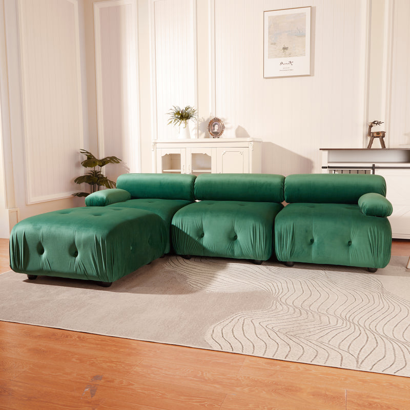 Modular Sectional Sofa Couch, Modern L Shaped Cloud Couch with Reversible Ottoman Convertible Button Tufted Velvet Fabric Couches for Living Room, DIY Combination,Green
