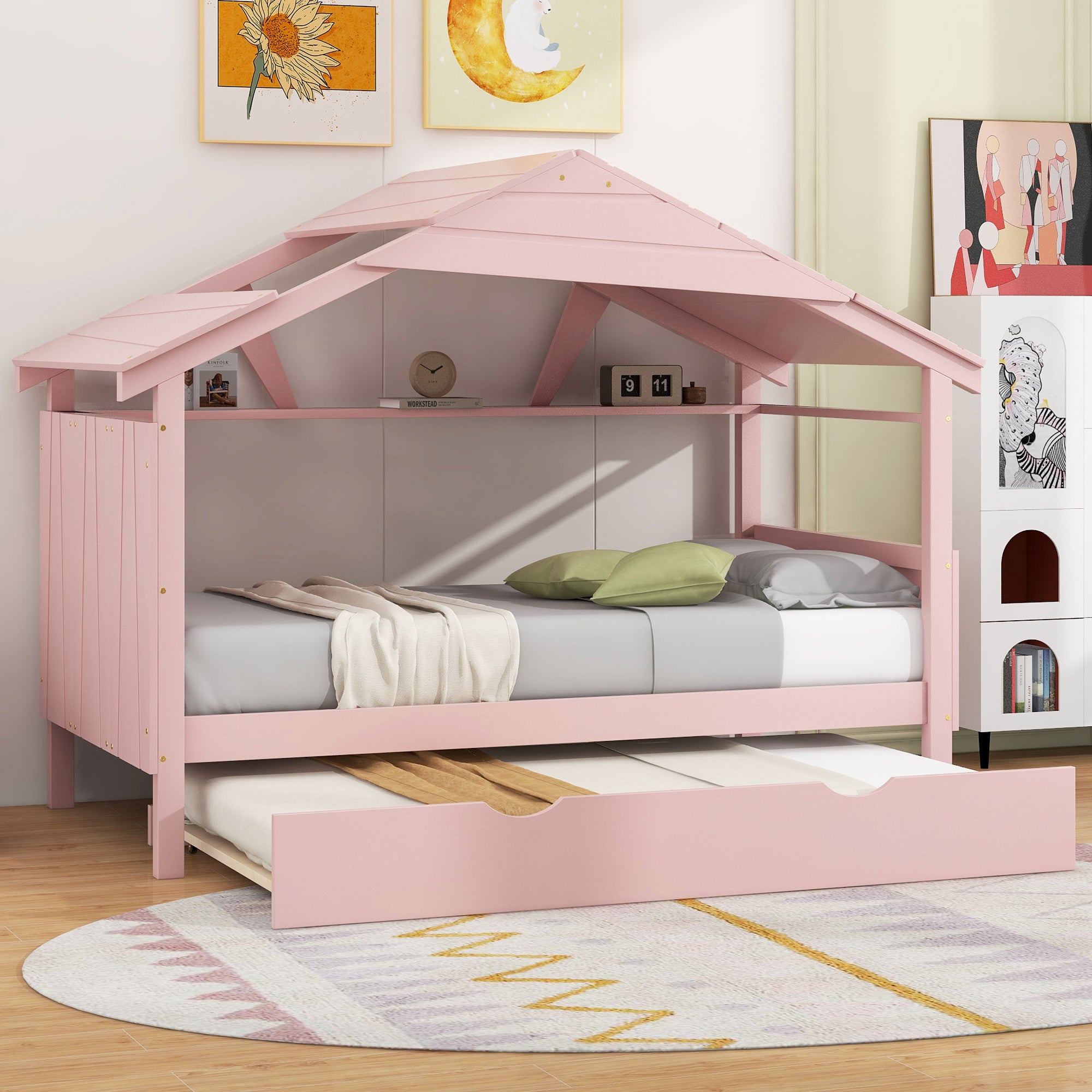 Wood Twin Size House Bed with Trundle and Storage, Pink - Atlantic Fine Furniture Melbourne FL