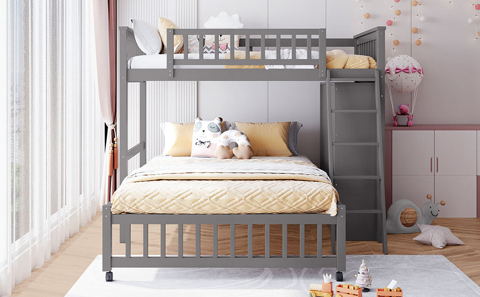 Wooden Twin Over Full Bunk Bed With Six Drawers And Flexible Shelves,Bottom Bed With Wheels,Gray(OLD SKU:LP000531AAE) - Atlantic Fine Furniture Melbourne FL