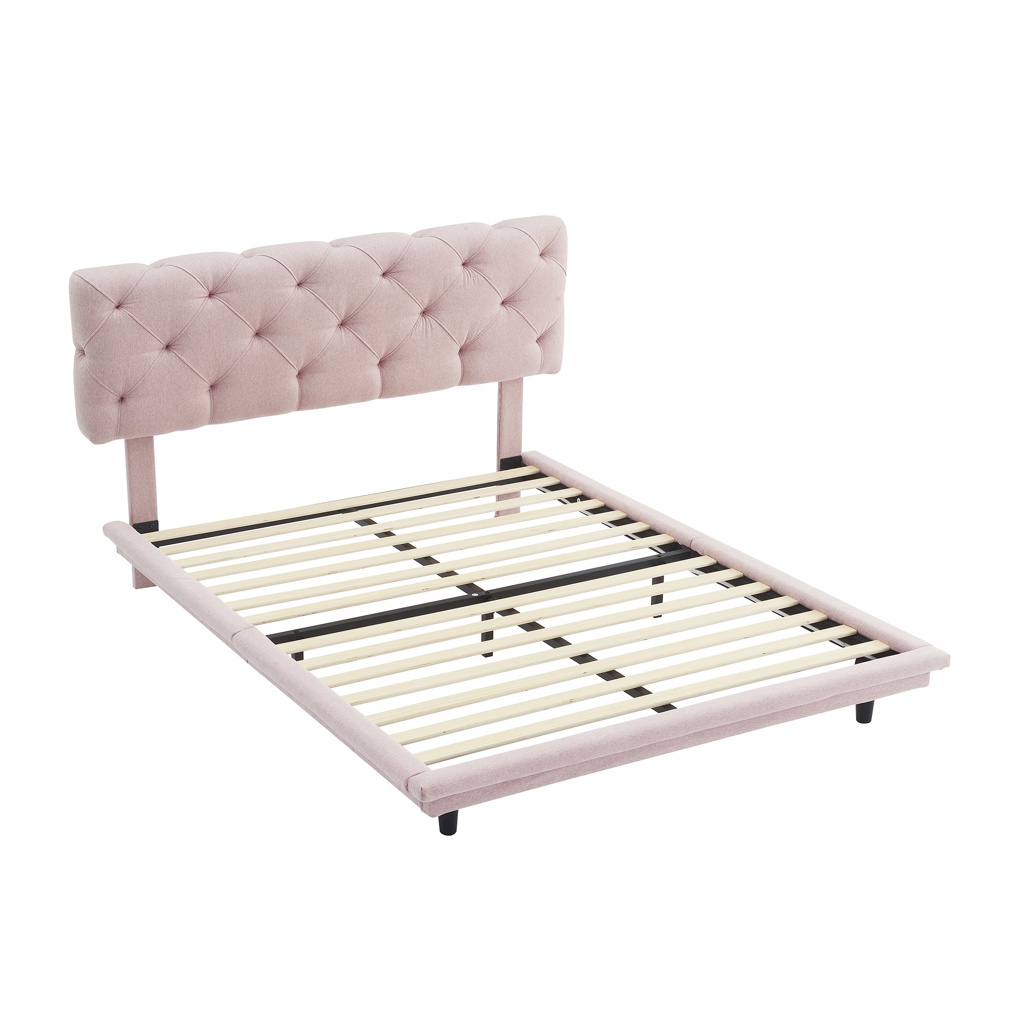 Full Size Upholstered Bed with Light Stripe, Floating Platform Bed, Linen Fabric,Pink - Atlantic Fine Furniture Melbourne FL