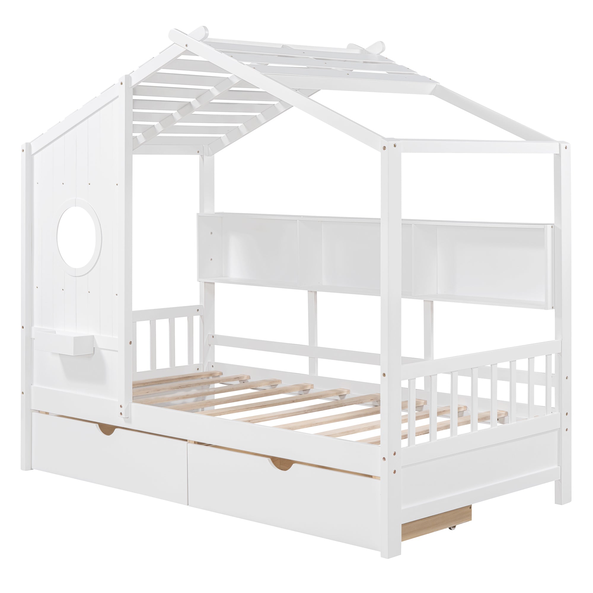 Wooden Twin Size House Bed with 2 Drawers,Kids Bed with Storage Shelf, White - Atlantic Fine Furniture Melbourne FL