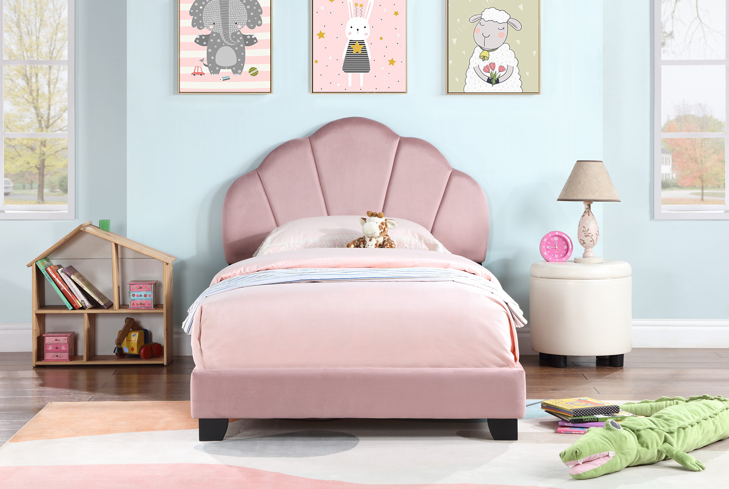 Upholstered Twin Size Platform Bed for Kids, with Slatted Bed Base, No Box Spring Needed, Pink color, Shell Design - Atlantic Fine Furniture Melbourne FL