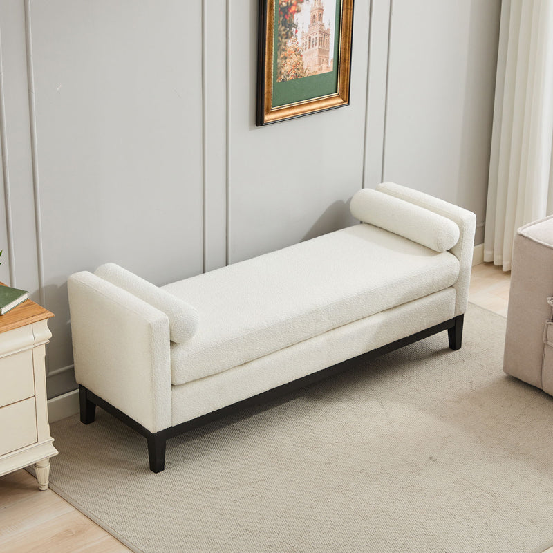 Elegant Upholstered Bench, Daybed, Ottoman With Wood Legs & 2 Bolster Pillows For End Of Bed, Bedroom, Living Room, Entryway