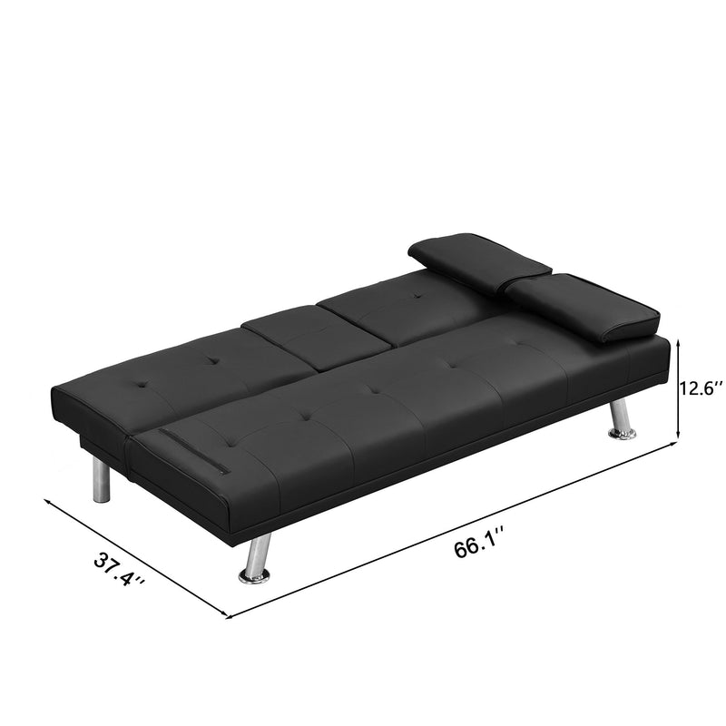 Sofa Bed With Armrest Two Holders Wood Frame, Stainless Leg Futon