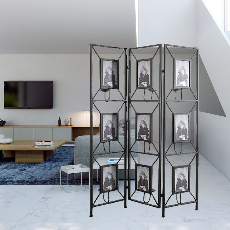 Room Photo Frames Screen Divider Screens, 3 Panel Decorative Screen With Photo Frames, Antique Mirror, Candle Stick - Black