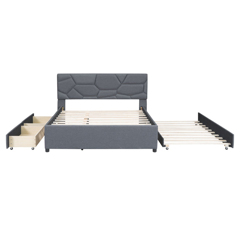 Upholstered Platform Bed With Brick Pattern Headboard And Twin Long Size Trundle