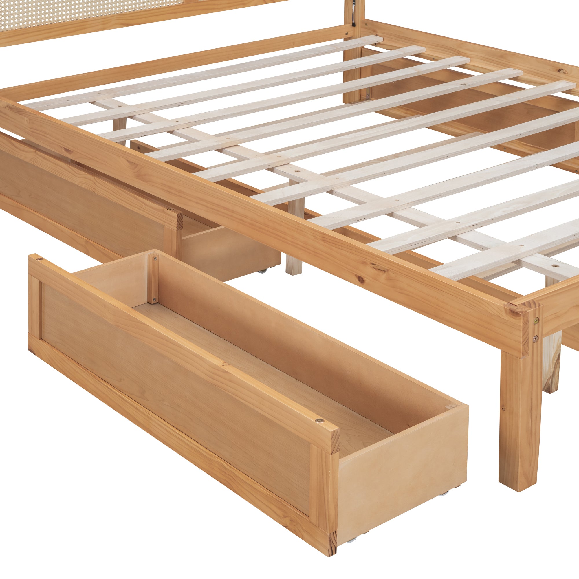 Queen Size Elegant Bed Frame with Rattan Headboard and Sockets ,Walnut - Atlantic Fine Furniture Melbourne FL