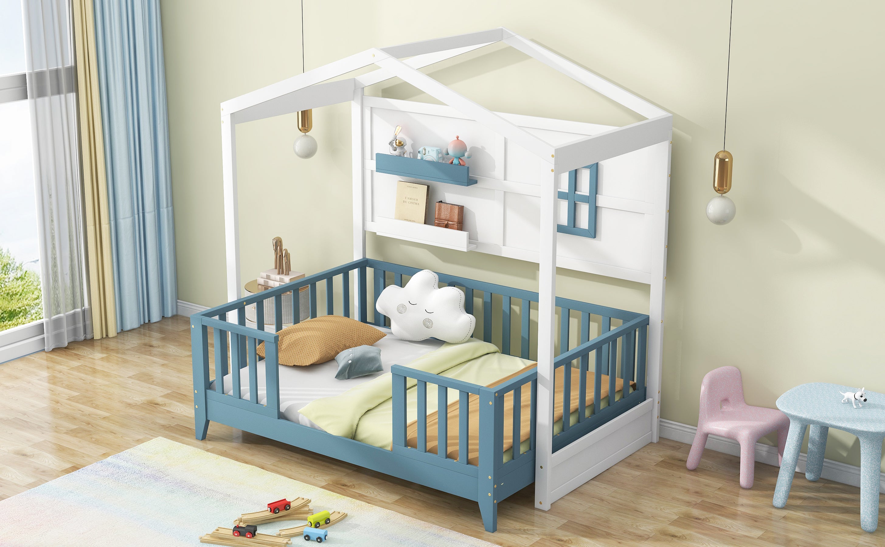 Twin Size Wood House Bed with 2 Shelves and Guardrail, White - Atlantic Fine Furniture Melbourne FL