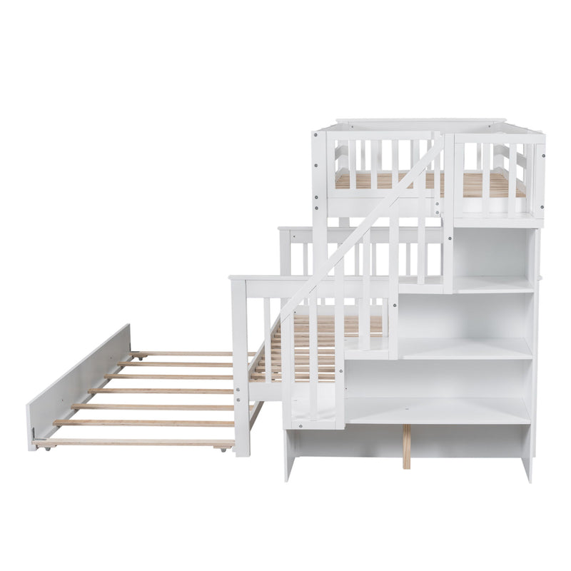 Stairway Bunk Bed With Twin Size Trundle, Storage And Guard Rail For Bedroom, Dorm