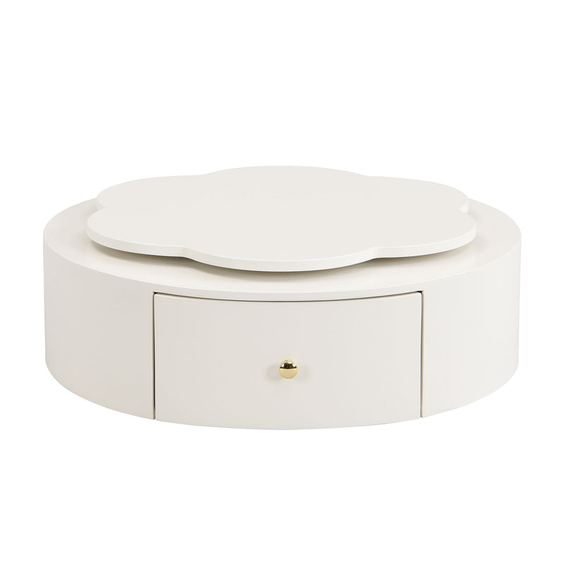 Modern Round Coffee Table (Set of 2), 360 Degree Rotatable Flower Shaped Top With 2 Drawers, Top Circle Side Table End Table With Glass For Living Room - Off White