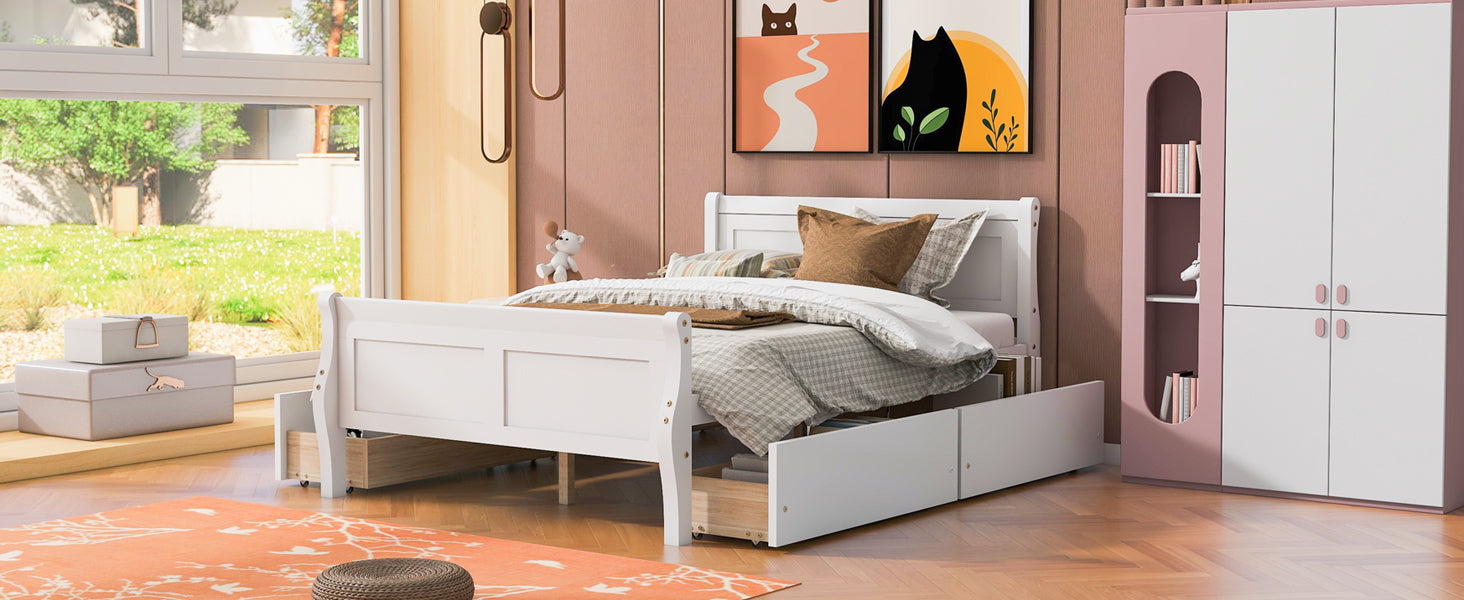 Full Size Wood Platform Bed with 4 Drawers and Streamlined Headboard & Footboard, White - Atlantic Fine Furniture Melbourne FL