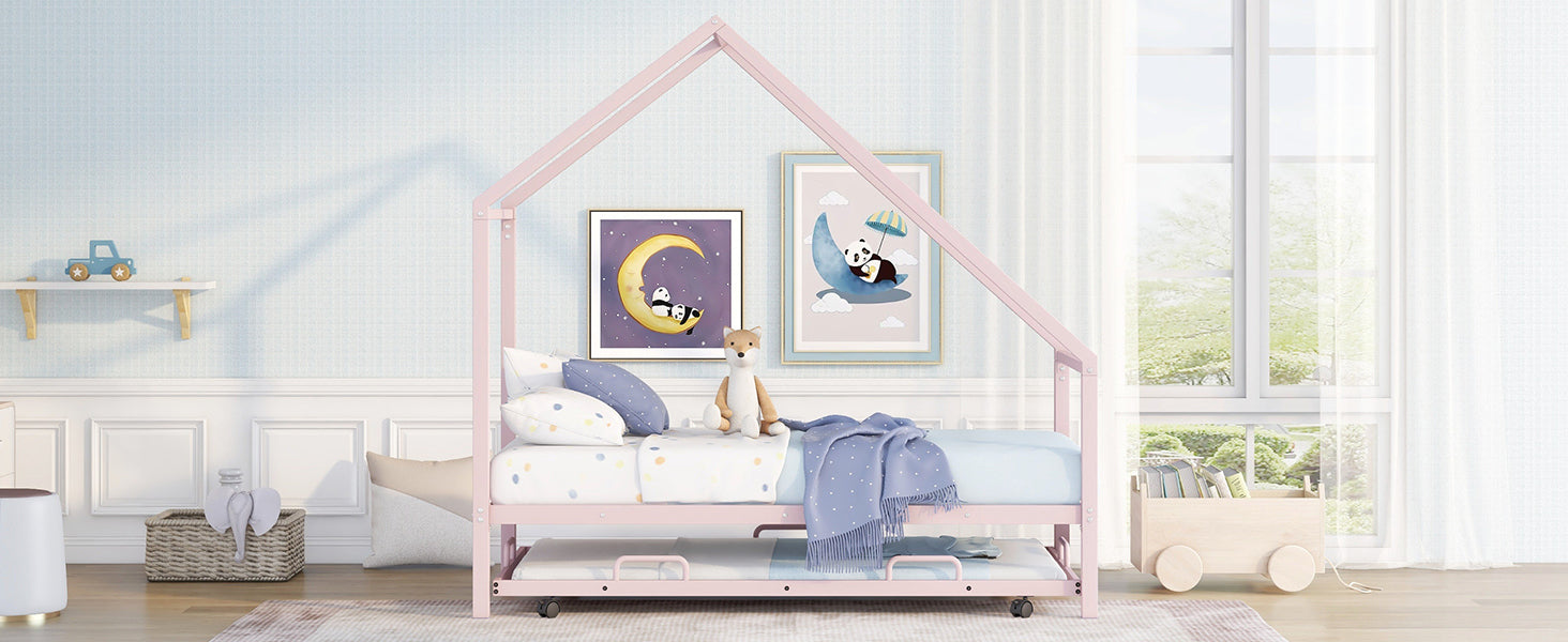 Metal House Bed With Trundle, Twin Size House Bed Pink - Atlantic Fine Furniture Melbourne FL
