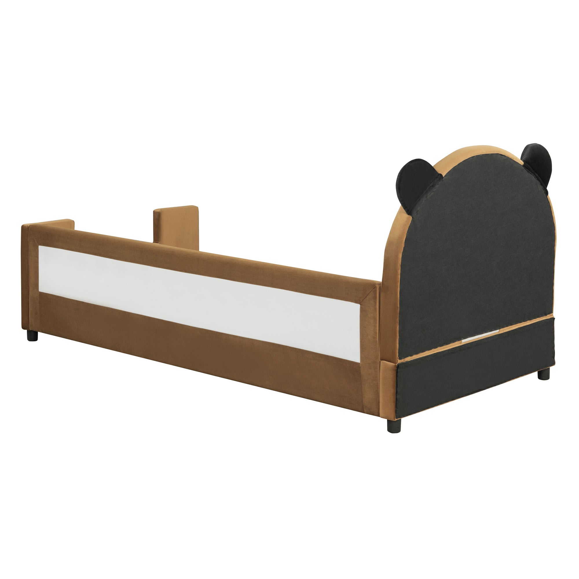 Twin Size Upholstered Daybed with Bear Shaped Headboard, Hydraulic System and Breathable Mesh Fence, Brown - Atlantic Fine Furniture Melbourne FL
