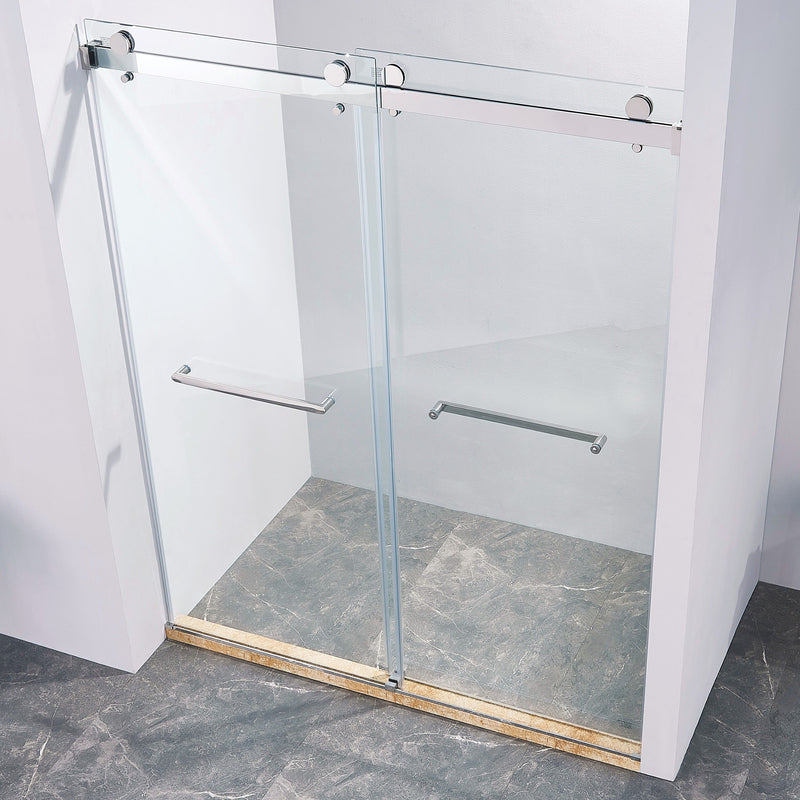 Frameless Double Sliding Shower Door, 304 Stainless Steel, 5 / 16" (8Mm) Thick Sgcc Tempered Clear Glass