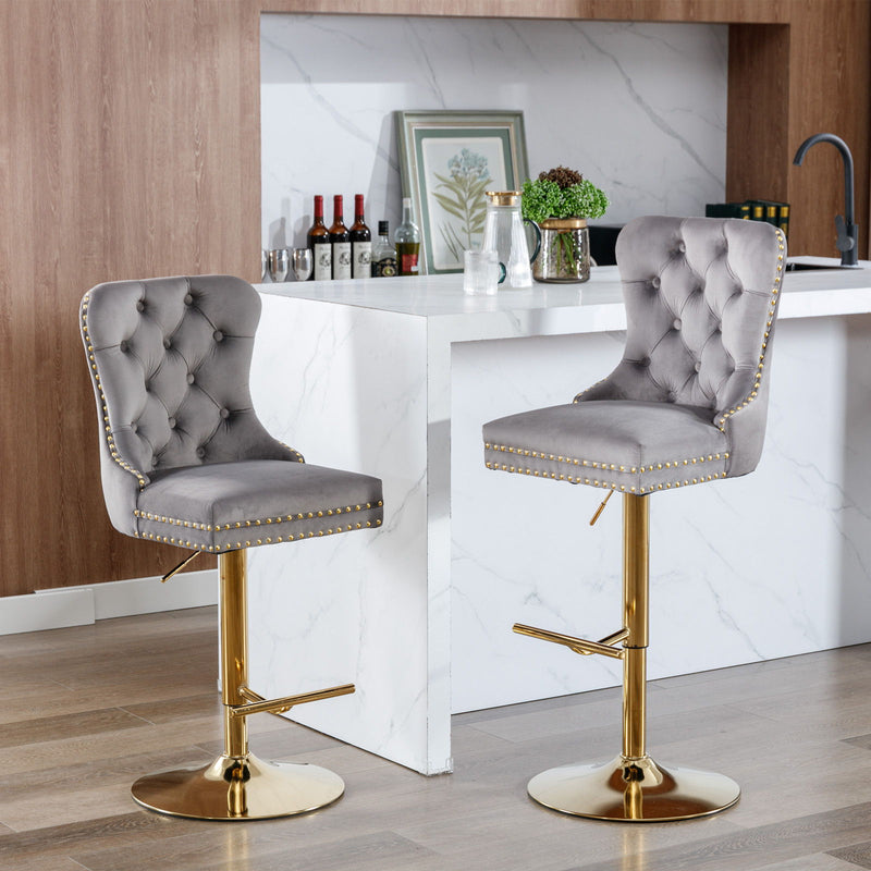 Thick Golden Swivel Velvet Barstools Adjusatble Seat Height From 25-33", Modern Upholstered Bar Stools With Backs Comfortable Tufted For Home Pub And Kitchen Island (Set of 2)